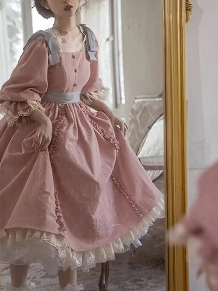 Znbbw Lace Kawaii Lolita Dress Women Bow Square Collar Elegant Evening Party Dresses Female Puff Sleeve Vintage France Dress 2024