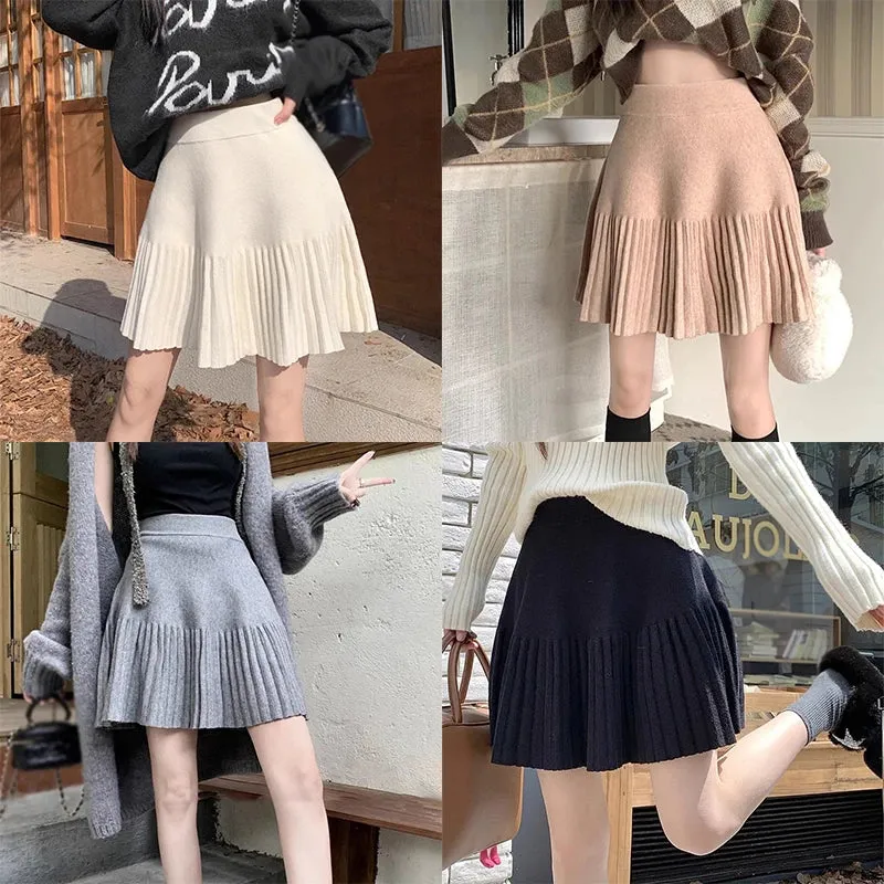 Znbbw A Line Pleated Skirt Autumn Winter Solid Colour Women's Skirt Korean Version Sweet Casual High Waist