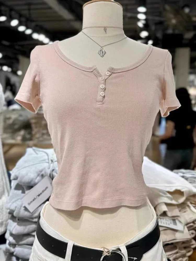 Znbbw Pink Ribbed Button Crop Top Women Cute Round Neck Summer Short Sleeve T-shirts Y2k Vintage Slim Cotton Short Tees Female