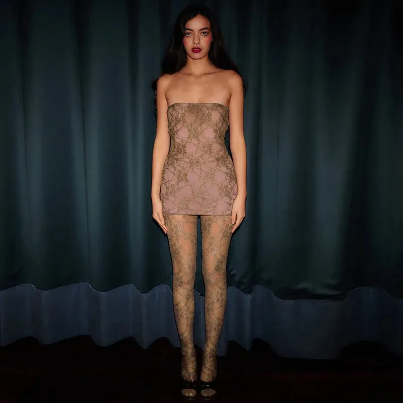 Znbbw piece fishing net sock set with splicing, transparent lace tight fitting set, hollowed out slim fit sexy jumpsuit set