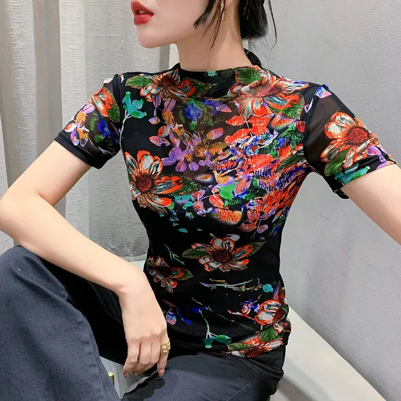 Znbbw Autumn Mesh Tshirts Women Short Sleeve Half Turtleneck Printed Floral Tees Girls Slim Elastic T Shirts Tops BH3878