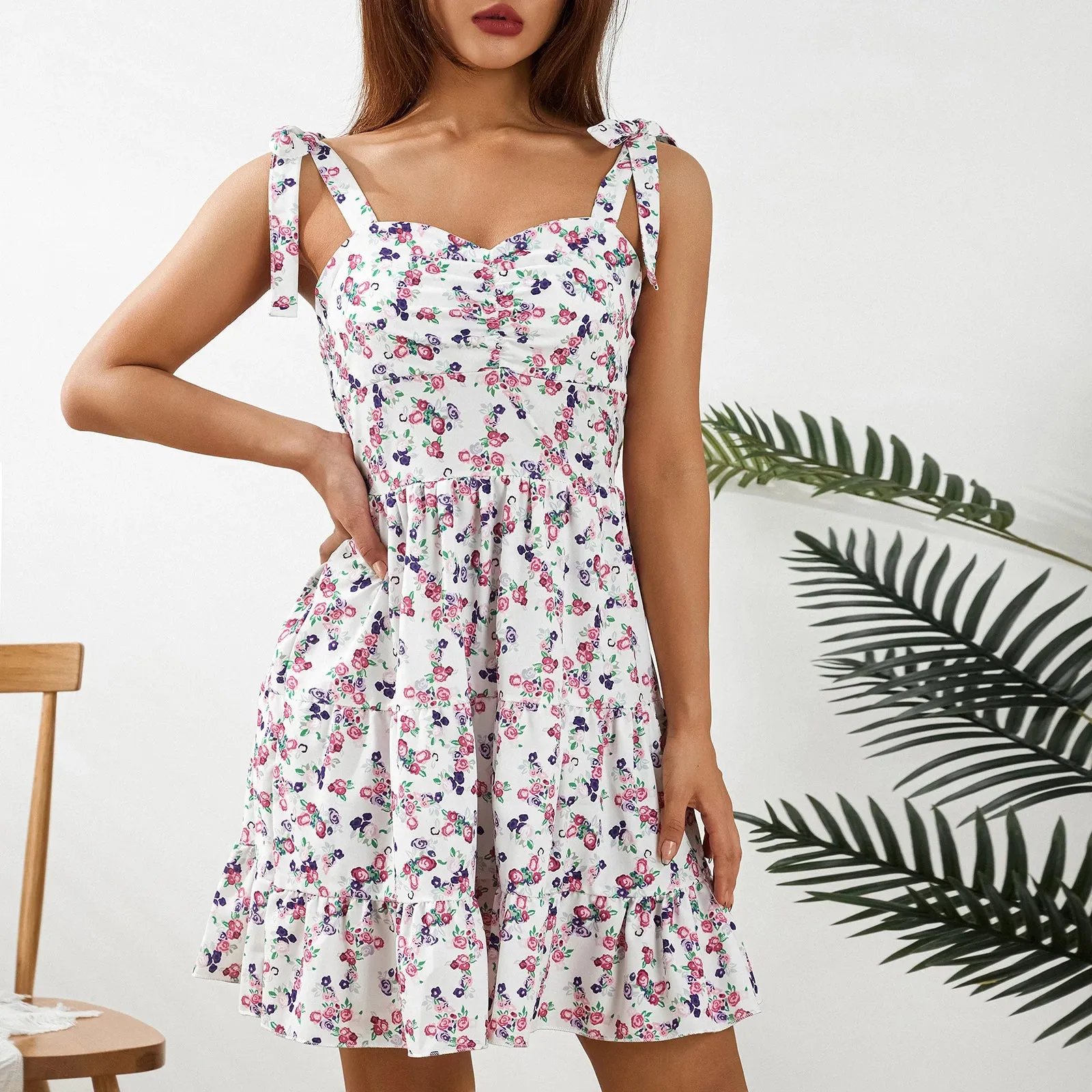Znbbw Women's Floral Printed Slim Waist A line Sleeveless Dress Tie-Up Backless Casual Short Dress