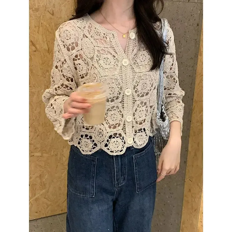 Znbbw version of chic niche sweet hollow knit jacket cardigan women's autumn new embroidered lace long sleeved top trend