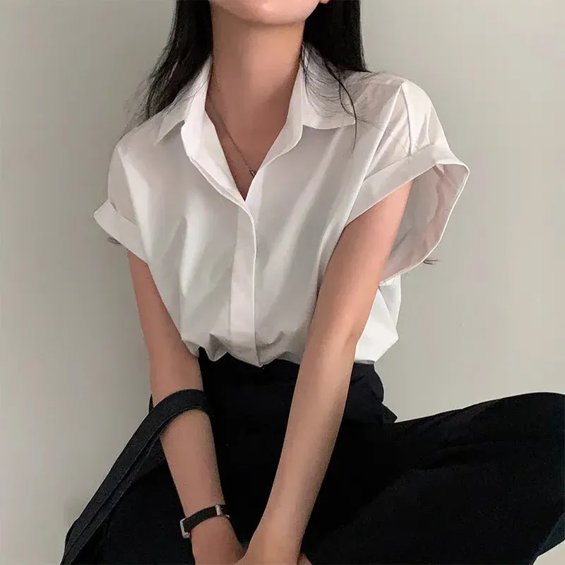 Znbbw Minimalist Loose Short Sleeved Blouses Lapel Patchwork Button Folds Women's Shirt Top