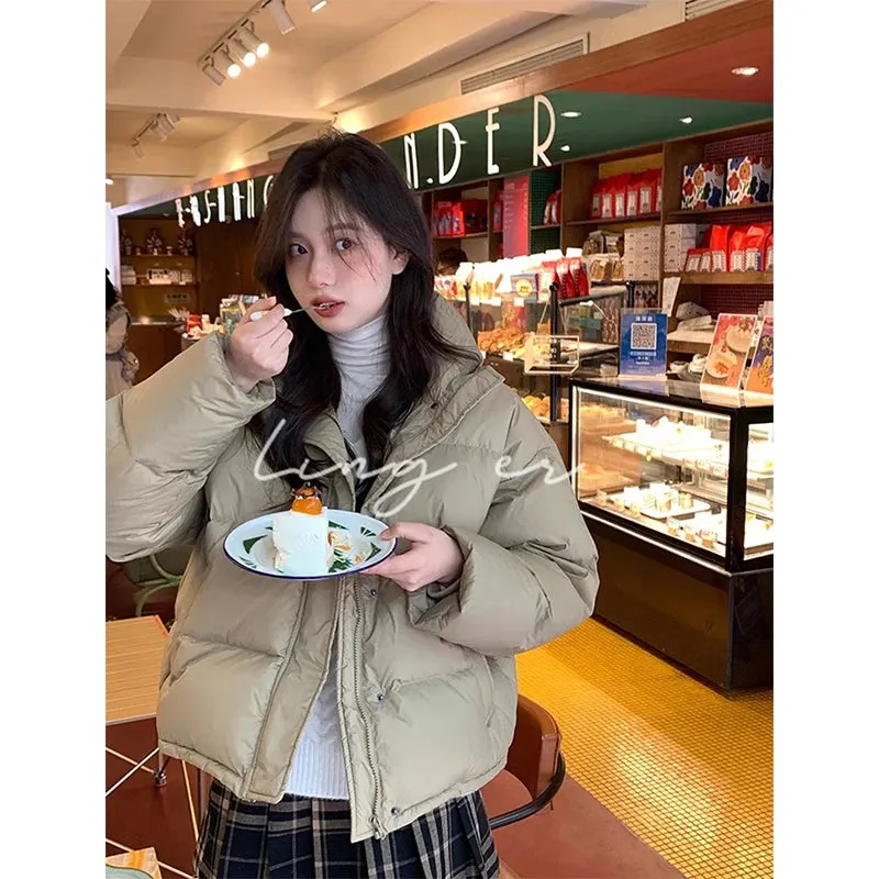 Znbbw Parkas Women Streetwear Cropped Down Coat Korean Sweet Puffer Jacket Winter Solid Casual All Match Cotton Padded Outwear