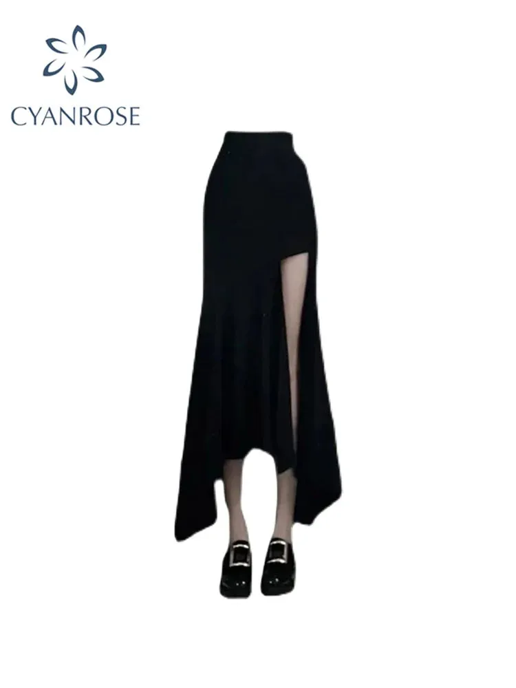 Znbbw High Waist Slim Wrap Hip Black Big Split Fishtail Skirt Women Elegant Fashion Irregular Mid-length Dress Korean Style 2024