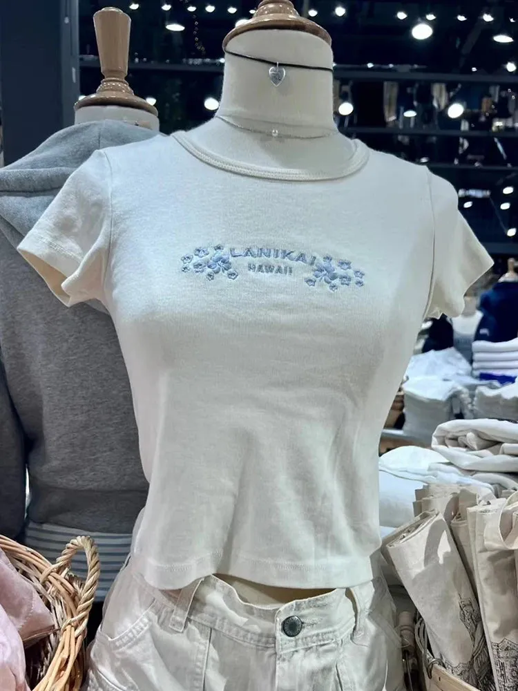 Znbbw Embroidery Slim Crop Top Women Vintage Beige Cotton Round Short Sleeve Tees Clothes Harajuku Sweet Summer T Shirt Female