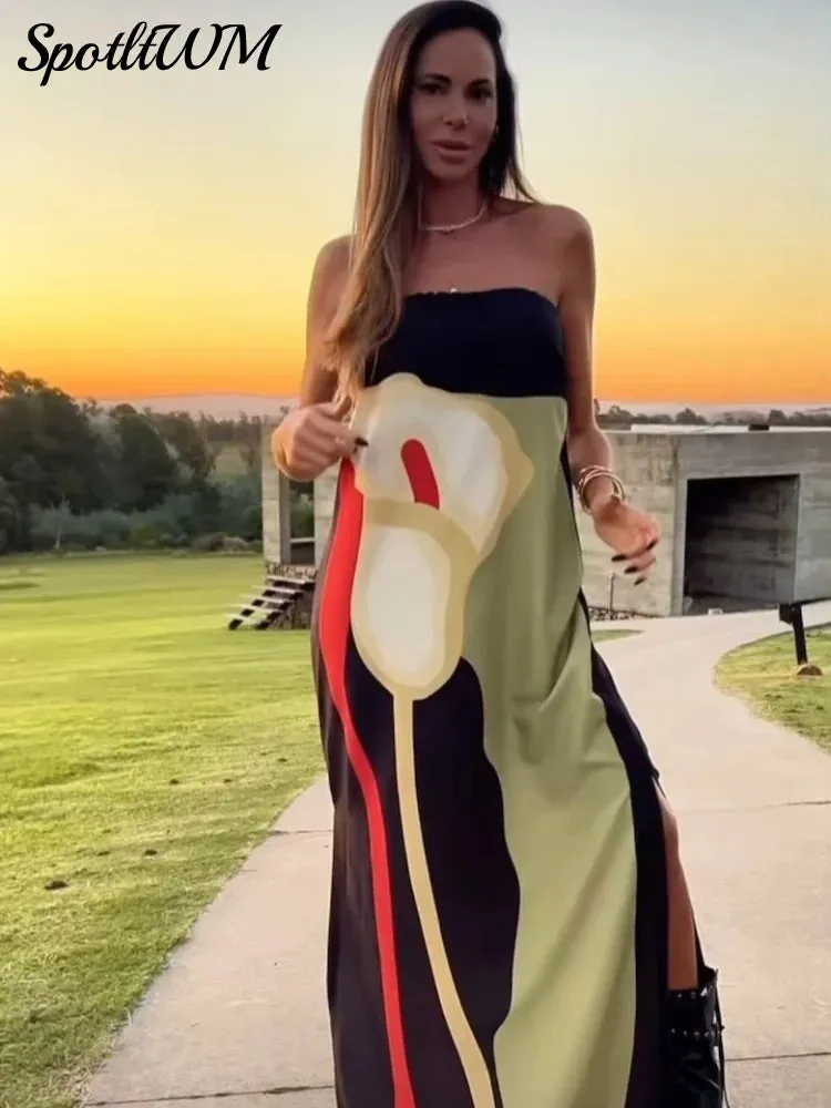 Znbbw Green Contrast Flower Print Strapless Dress Loose Women Straight Backless Robes 2024 Female Casual Holiday Beach Vestido