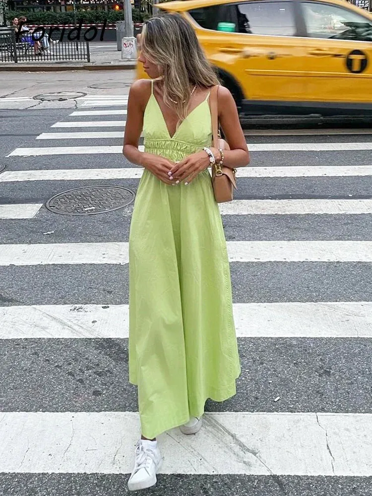 Znbbw Elastic Smocking Green Cotton V Neck Summer Women's Dress Sleevless Long Green Maxi Casual Strapy Dress Solid Female