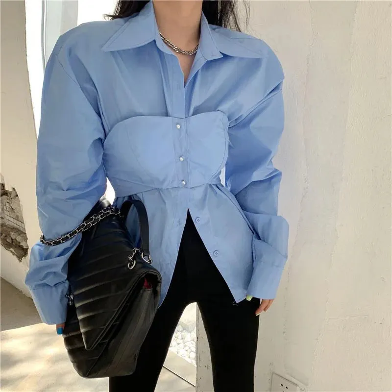 Znbbw Patchwork Shirts Women Korean Fake Two Pieces White Blouses Streetwear Office Outfits Fashion Long Sleeve Chic Tops New