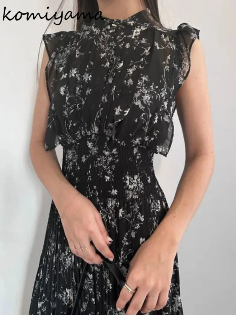 Znbbw Broken Flower Dresses Women Stand Collar Flying Sleeve Dress Spring Summer Vestidos Mujer Tunic Vestido Lace Up Bow Ropa