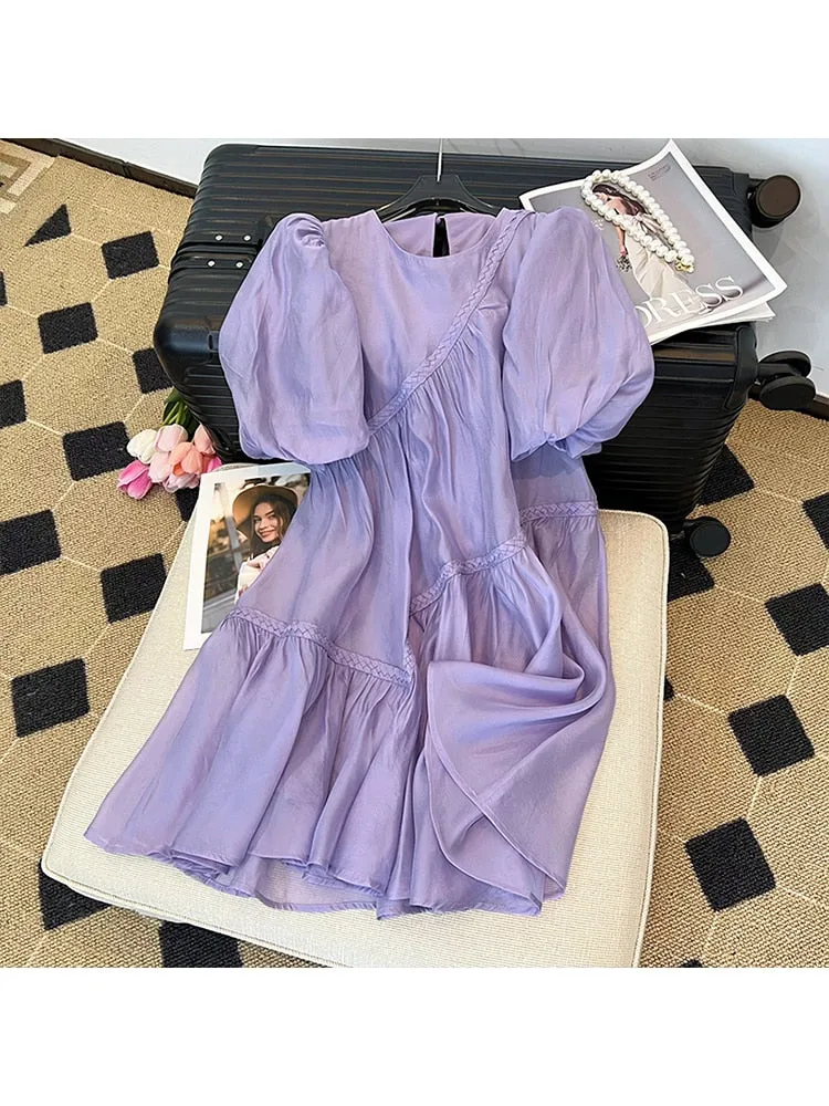 znbbw Summer Women's Purple Short Bubble Sleeve Round Neck Elegant Dresses Spring Casual Loose Mini Dresses Ladies Clothing