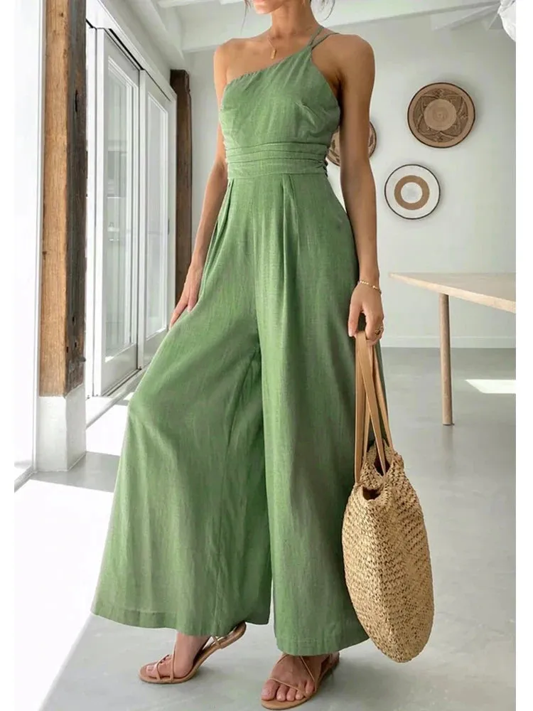 Znbbw Waist Folds Backless Double Strap Casual Wide Leg Jumpsuit Long Pants Green 2024 New Female Loose Jumpsuit