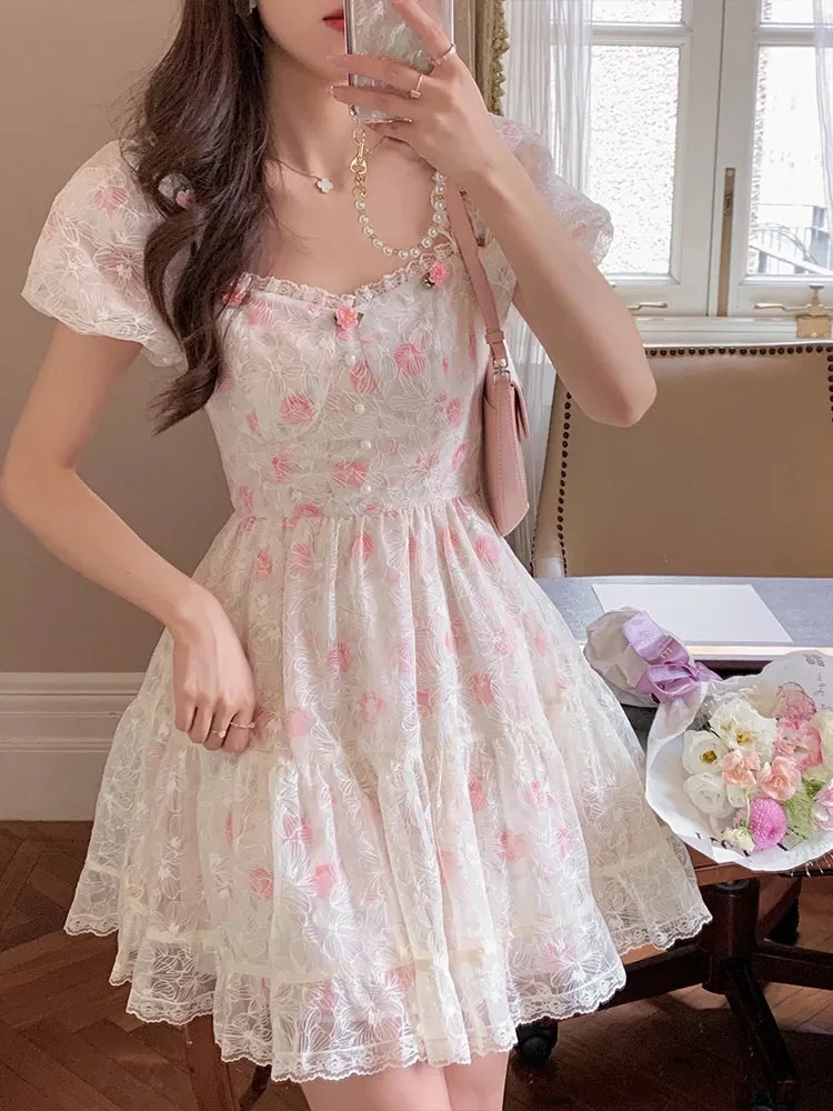 Znbbw Lace Korean Sweet Dress Women France Vintage Elegant Party Mini Dresses Female Print Casual Beach Boho Fairy Dress Summer