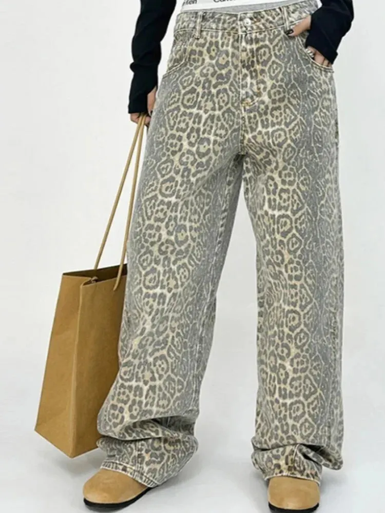 Znbbw Panther Pants Ladies 2024 Spring Loose High Waist Wide Leg Leopard Pant Fashion Female Vintage Hip Hop Baggy Denim Trousers