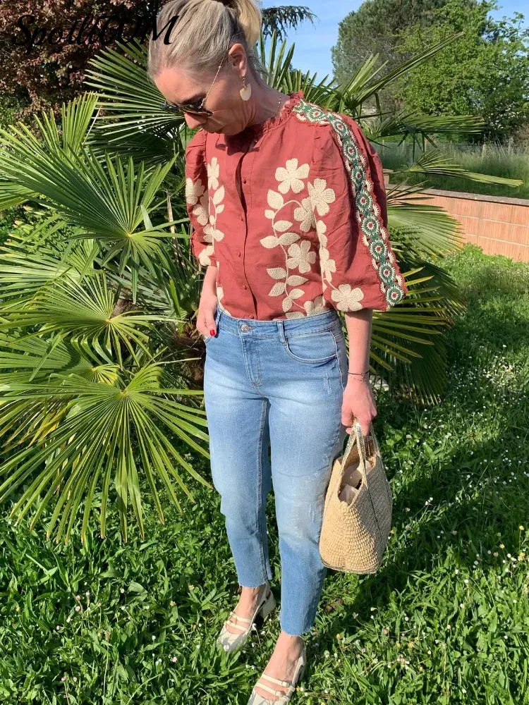 Znbbw Flower Embroidery Patchwork Puff Sleeve Blouse Single Breasted Buckle O-neck Shirt 2024 Summer Lady Chic Casual Streetwear