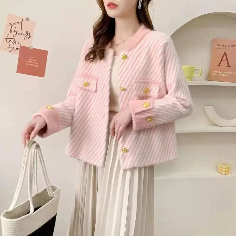 Znbbw Mink Fleece Small Fragrant Cardigan Women Autumn/Winter Stripe Top Loose and Versatile Foreign Short Coat Female