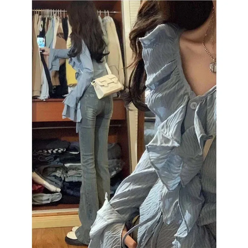 Znbbw Ruffles Shirts Women Elegant Flare Long Sleeve Sun Proof Blouses Korean Fashion Drawstring Slim Sun Protection Tops