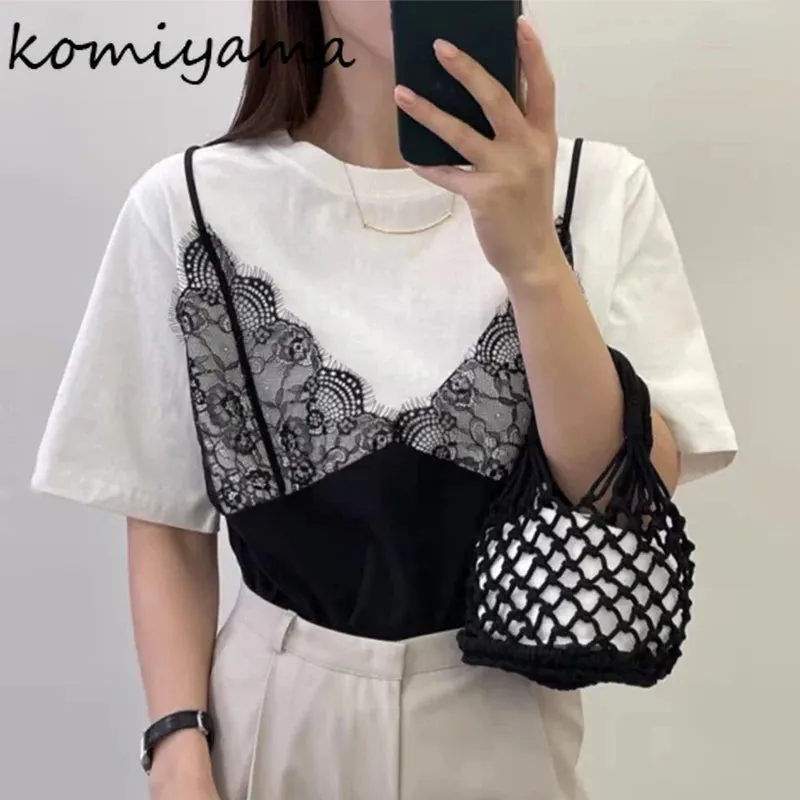 Znbbw Two Piece Ropa Mujer Contrast Lace Patchwork Tops Loose T Shirt Short Sleeve Camisetas Summer Round Neck Clothes Women