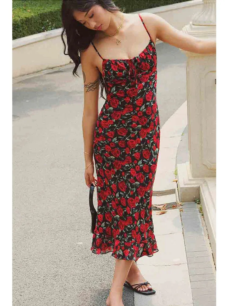 Znbbw Red Flower Printed Black Bodycon Summer Dress Women 2024 Beach Boho Maxi Slip Sundress Ruffles Sleeveless Long Floral Dress