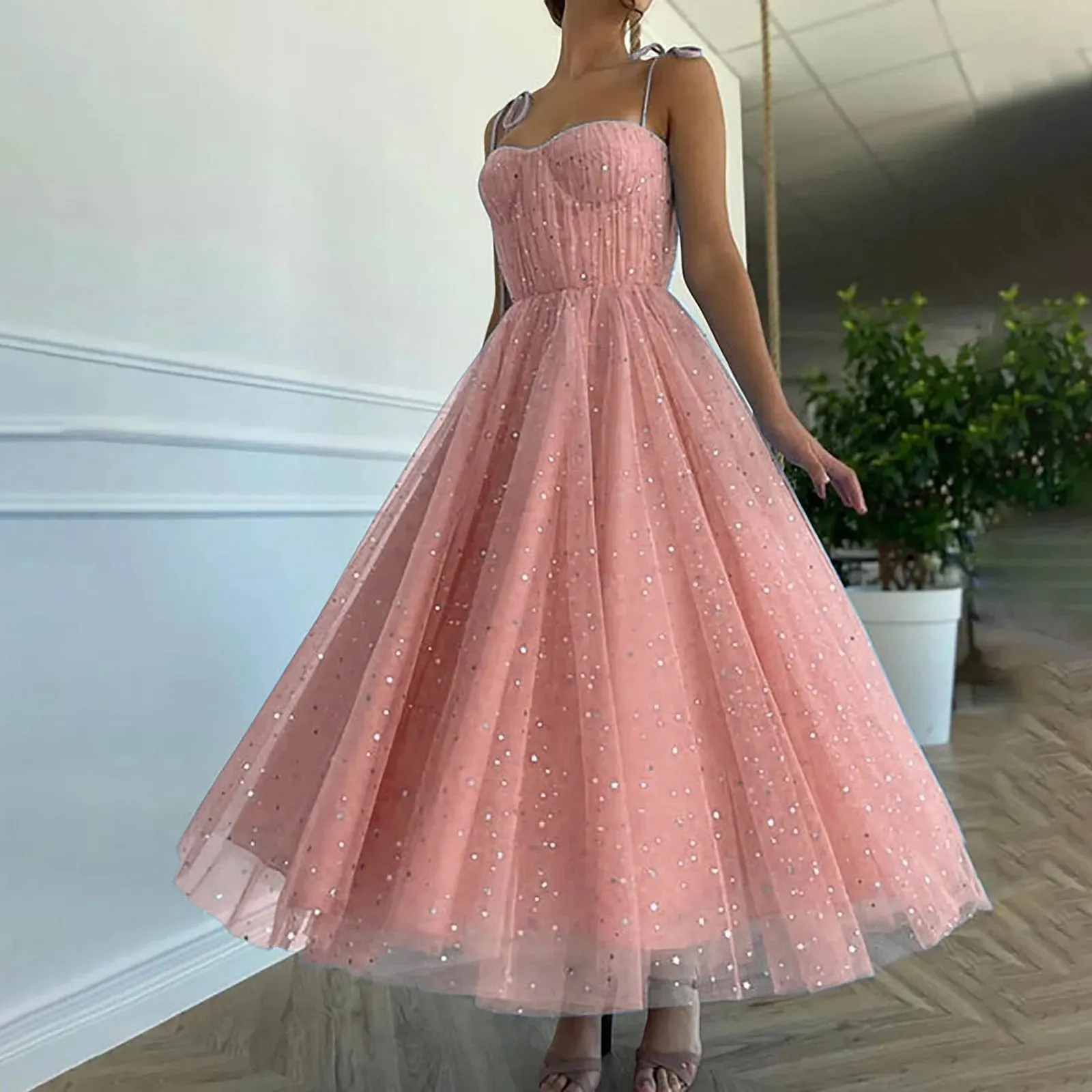 Znbbw Pink Glitter Sequins Evening Prom Dress for Women Elegant Sweet Sleeveless Spaghetti Strap Wedding Party Bridemaid Dress