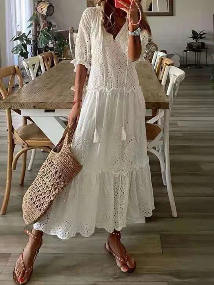 Znbbw Casual Hollow Out V Neck White Lace Maxi Dress Vintage A-line Loose Embrioderied Floral Print Bohemian Long Sundress