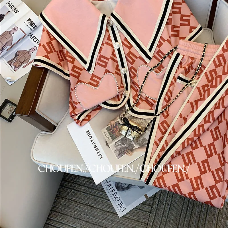 znbbw Sweet Vintage Classic Two-piece Suit Women's Summer New Fashion Print Beaded Short Top+Casual Wide-leg Pants 2-piece Set