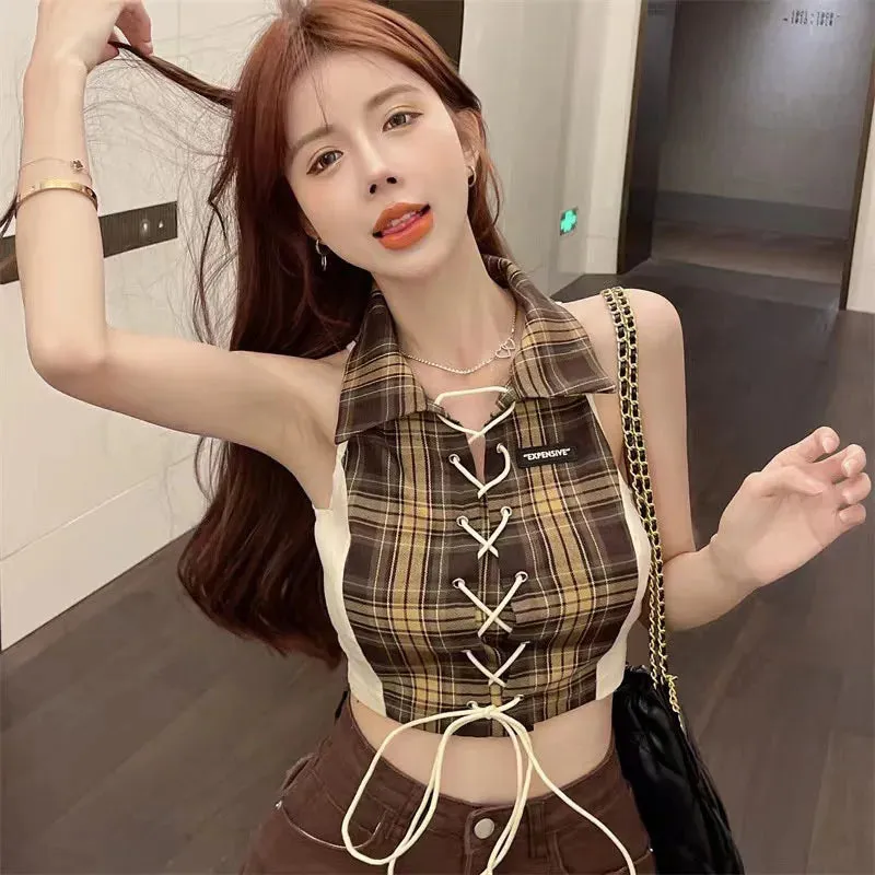 Znbbw Plaid Camis Women Summer Sexy Slim Irregular Casual Halter Neck Tops Fashion Female Korean Chic Lace Up Lapel Crop Tank