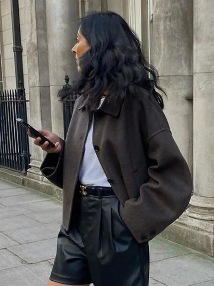 Znbbw Fashion Lapel Long Sleeve Cropped Coat Women's Elegant Solid Single Breasted Jacket Autumn Winter Chic Warm Street Wear