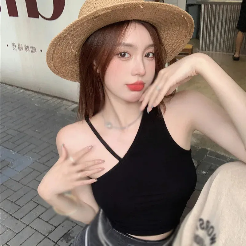 Znbbw Women's Vest Slanted Shoulder Navel Short Style Halter Neck Solid Color Camisole