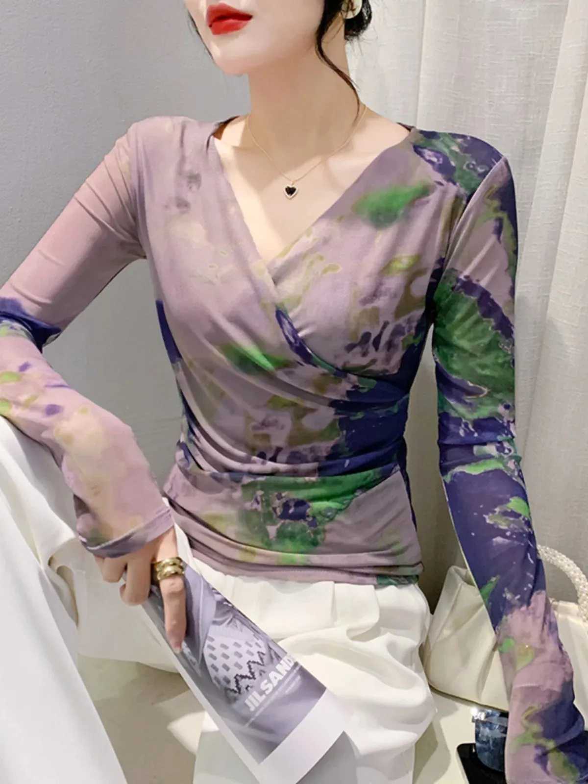 Znbbw Wrinkled Cross V-Neck T-shirt Women Fashion Long Sleeve Mesh Printing Slim Fit High Stretch Tees Tops FF0890