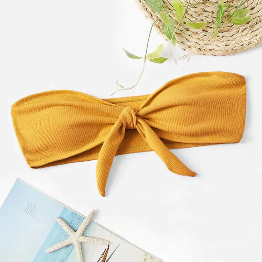 Znbbw Strapless Ruched Swimsuit Women Fashion Solid Color Bow Knot Bathing Suits Beach Wear Solid Color Straps Bikinis Tops