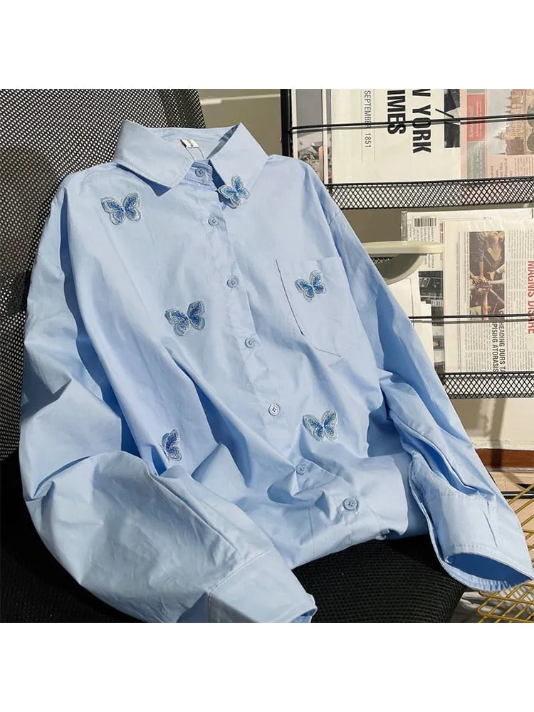 znbbw Spring Blue Butterfly Decal Single Breasted Loose Shirt Women's Turn-Down Collar Embroidery Long Sleeve Blouse Female