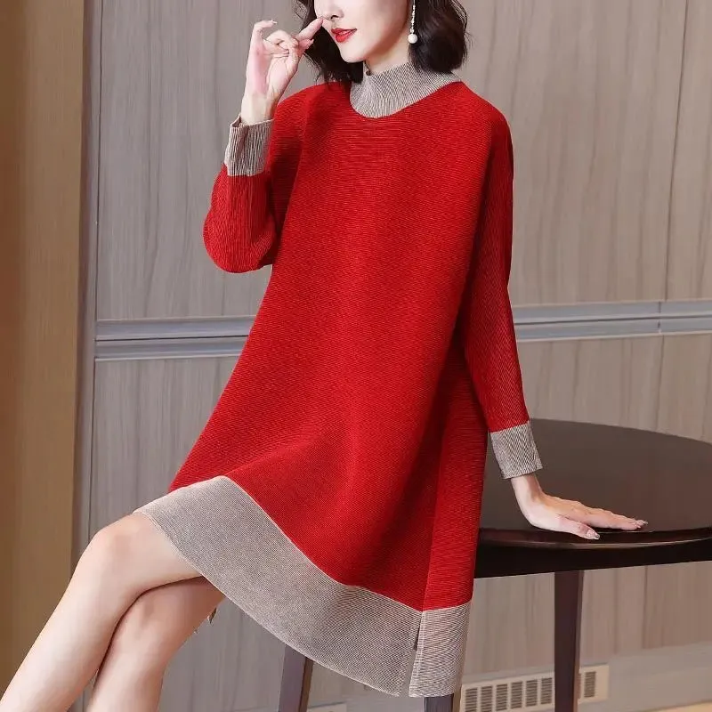 Znbbw pleated contrast color half-high neck dress women loose split long-sleeved belly show fashionable high-end dress female
