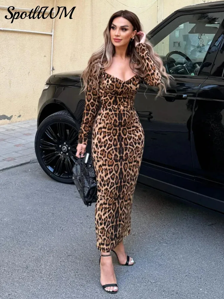 Znbbw Leopard Printed Low Cut Maxi Dresses Women Long Sleeve Wrap Hip High Waist Bodycon Robes 2024 Fashion Female Party Vestidos