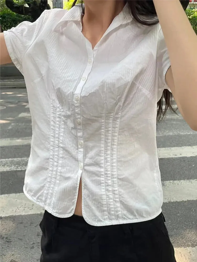 Znbbw White Slim Short Sleeve T-shirts Women Fashion Cute Single-breasted Cotton T Shirts Summer Vintage Solid Y2k Tops 2024