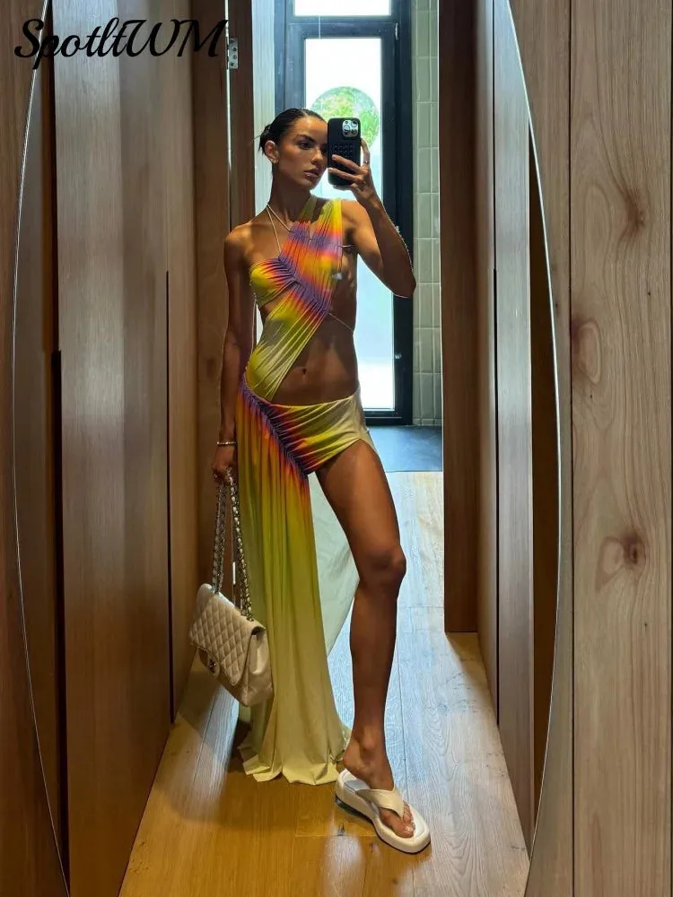 Znbbw Collar Backless Cut Out Gradient Dress Hollow Out Sleeveless Lace Up Dresses Women Irregular Split Evening Vestidos