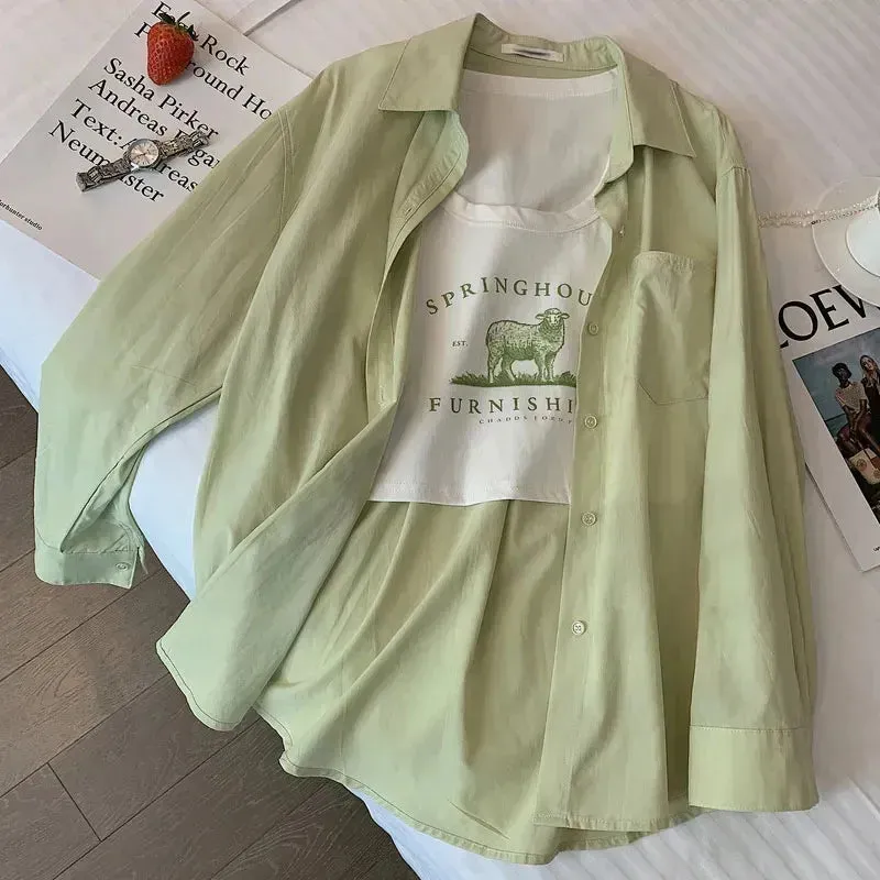 Znbbw Thin Green Shirt Women Fashion Korean Loose Lapel Button Top Female Solid Basic Long Sleeve All Match Shirt New