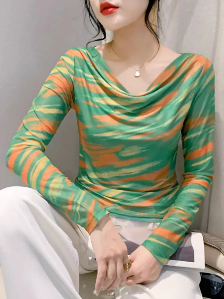 Znbbw Spring Summer Double-Layer Mesh Top Long Sleeve Printing T-shirt Woman Slim Fitting Tee For Female
