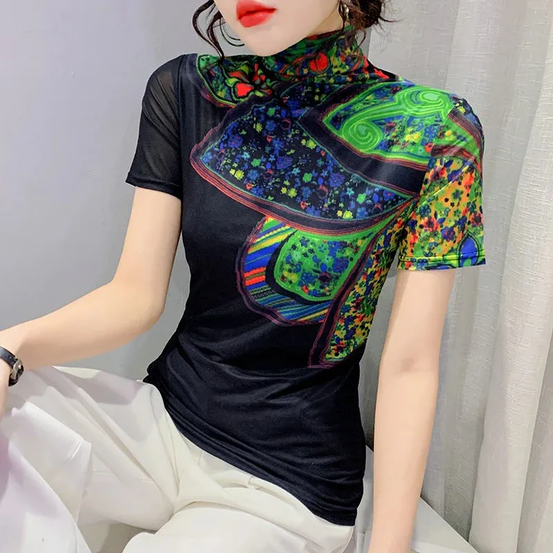Znbbw Spring Print Tees Women Turtleneck Soft Short Sleeve T Shirts Lady Mesh Elegant Stretchy Tops Tees Female T-Shirt