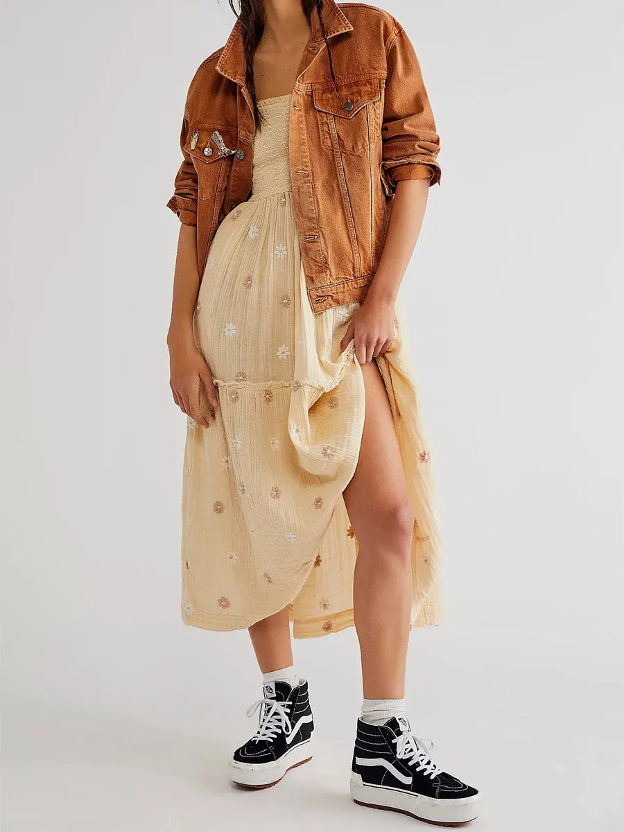 Znbbw Women Flower Embroidered Cotton Linen Maxi Dress Lantern Sleeve Ruffles Square Neck Tiered Flowy Spring Fall Holiday Party Dress