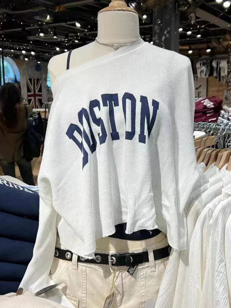 Znbbw Print Waffle White Long Sleeve T Shirt Autumn O-neck Cotton Raw Hem Loose T-shirts Y2k Streetwear Vintage Casual Tee Tops