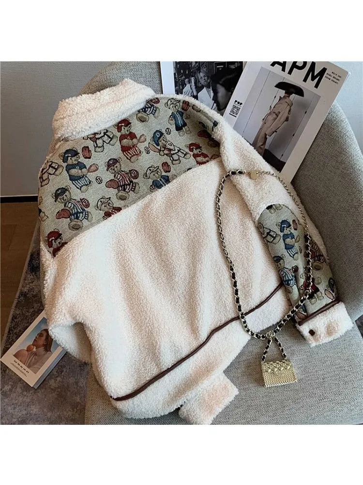 znbbw Winter Women Lamb Wool Coats Japanese Kawaii Harajuku Style Thickened Bear Printing Casual Oversized Female Coats