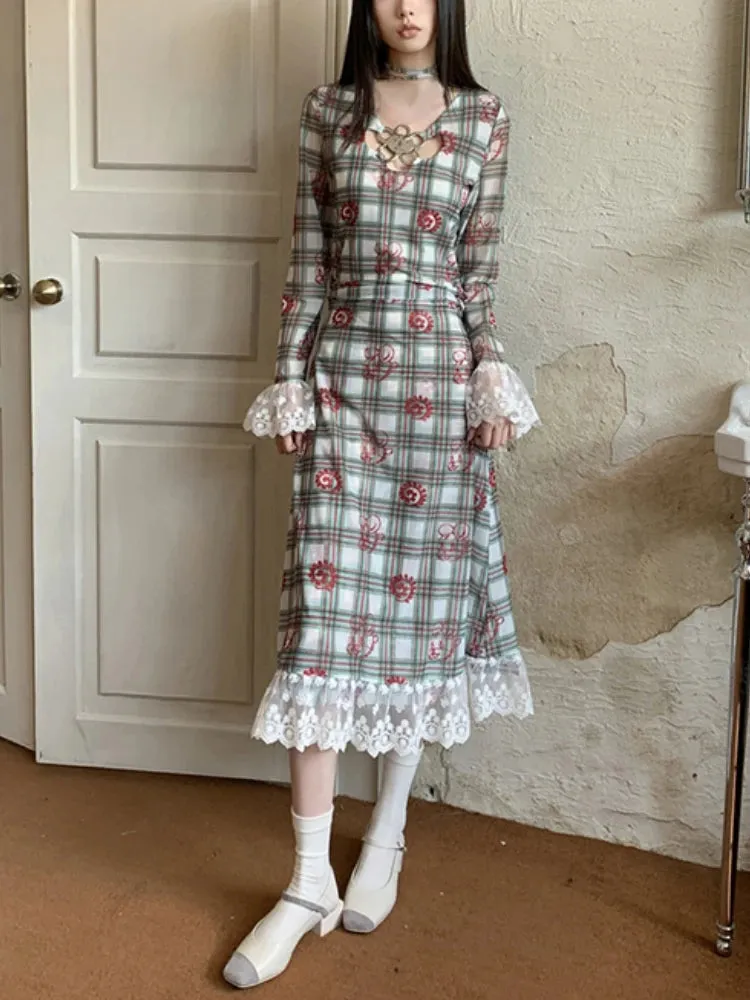 Znbbw Vintage One Piece Dress Women Plaid Elegant Print Party Midi Dress Lady Lace Korean Fashion Casual Retro Dresses 2024 New