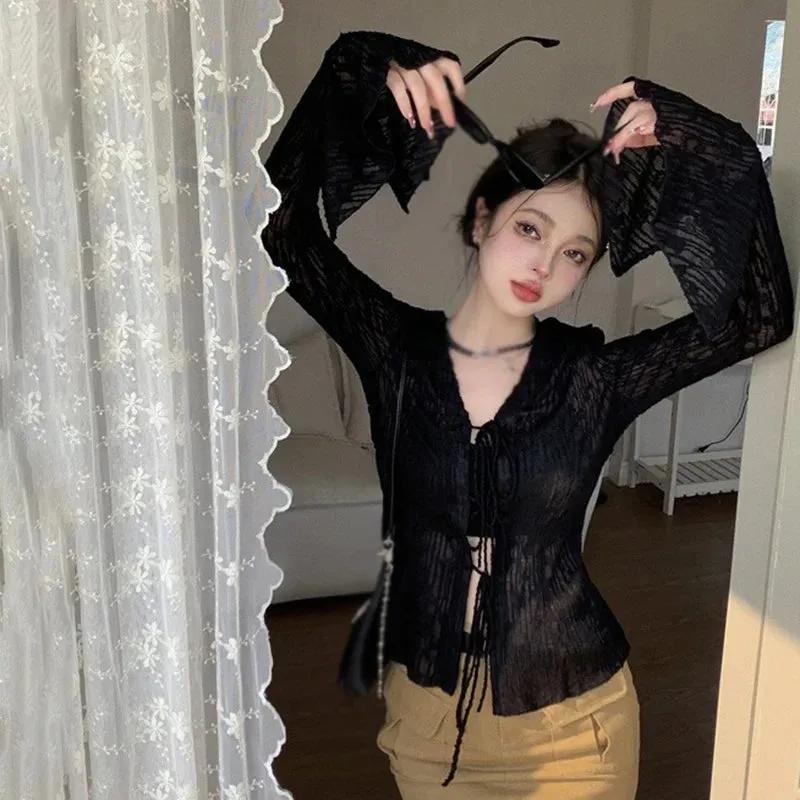 Znbbw Women's top Waist up Slim fitting Women's coat Air-conditioned shirt Sunscreen Cardigan Lace Lace up T-shirt