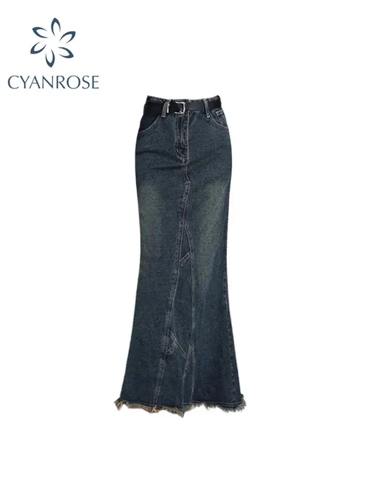 Znbbw Women High Waist Pleated Ruffled Blue Denim Skirts Women Slim Hip Mermaid Skirt Woman Chic Skirts Femme Autumn Winter 2024 New