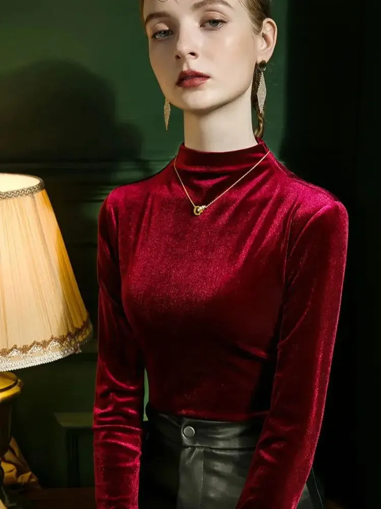 Znbbw Basic Long Sleeve Tee Womens Velour Tshirt Casual Top Ladies Simple Half Turtleneck T Shirts