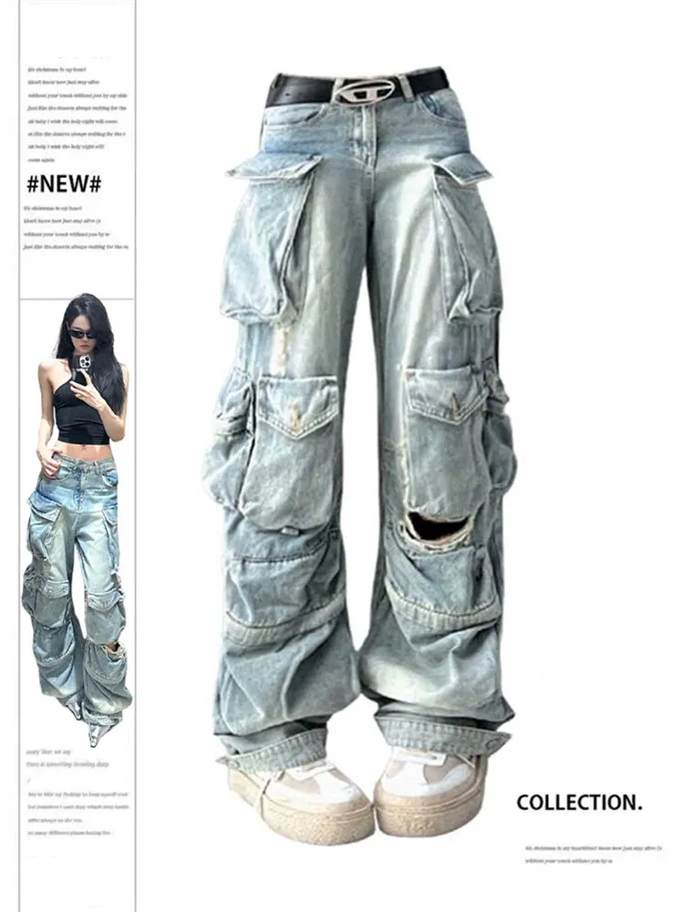 Znbbw Women's Y2k Cargo Ripped Jeans Baggy Harajuku Aesthetic Denim Trousers High Waist Wide Jean Pants Vintage 2000s Trashy Clothes
