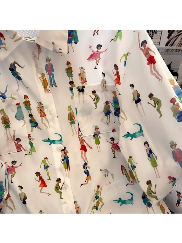 znbbw Fashion Pattern Print Loose Long Sleeve Single Breasted Shirt 2023 Spring Women's Turn-Down Collar Casual Female Blouse