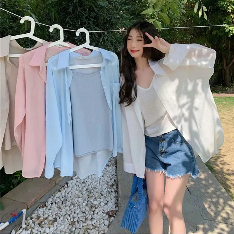 Znbbw Thin White Shirt Women Summer Preppy Sun Protection Buttons Tops Female Korean Baggy Long Sleeve Casual Sun-Proof Blouse